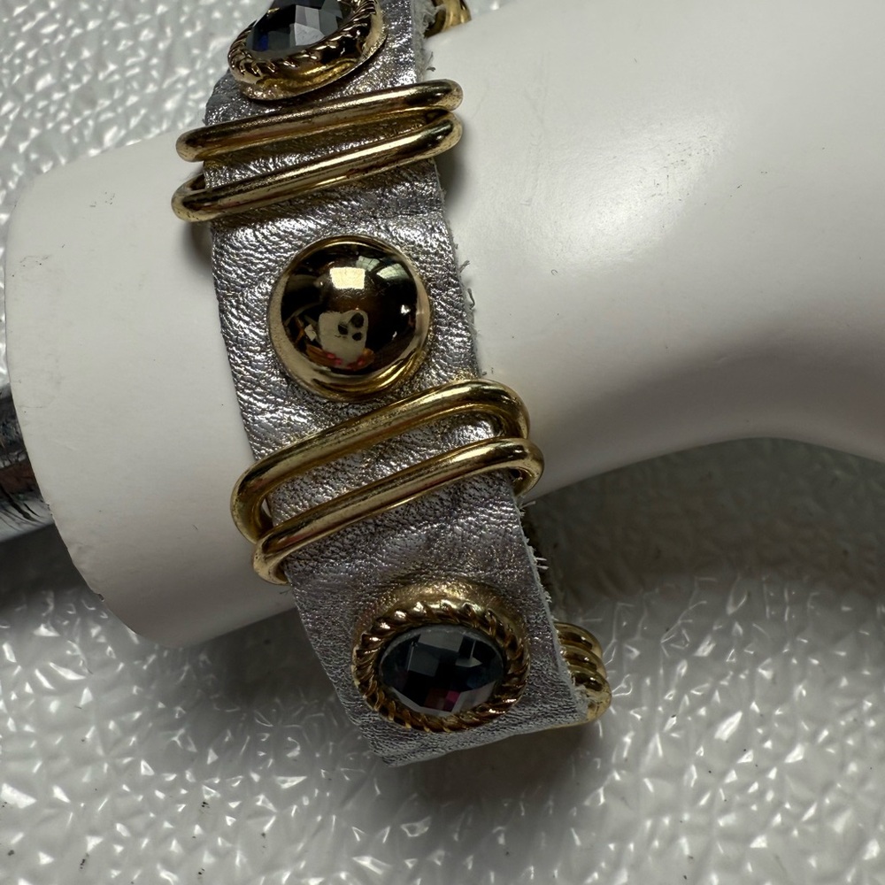 Natasha Couture‎ Silver Leather Adjustable Snap Band with Gold Accents Bracelet